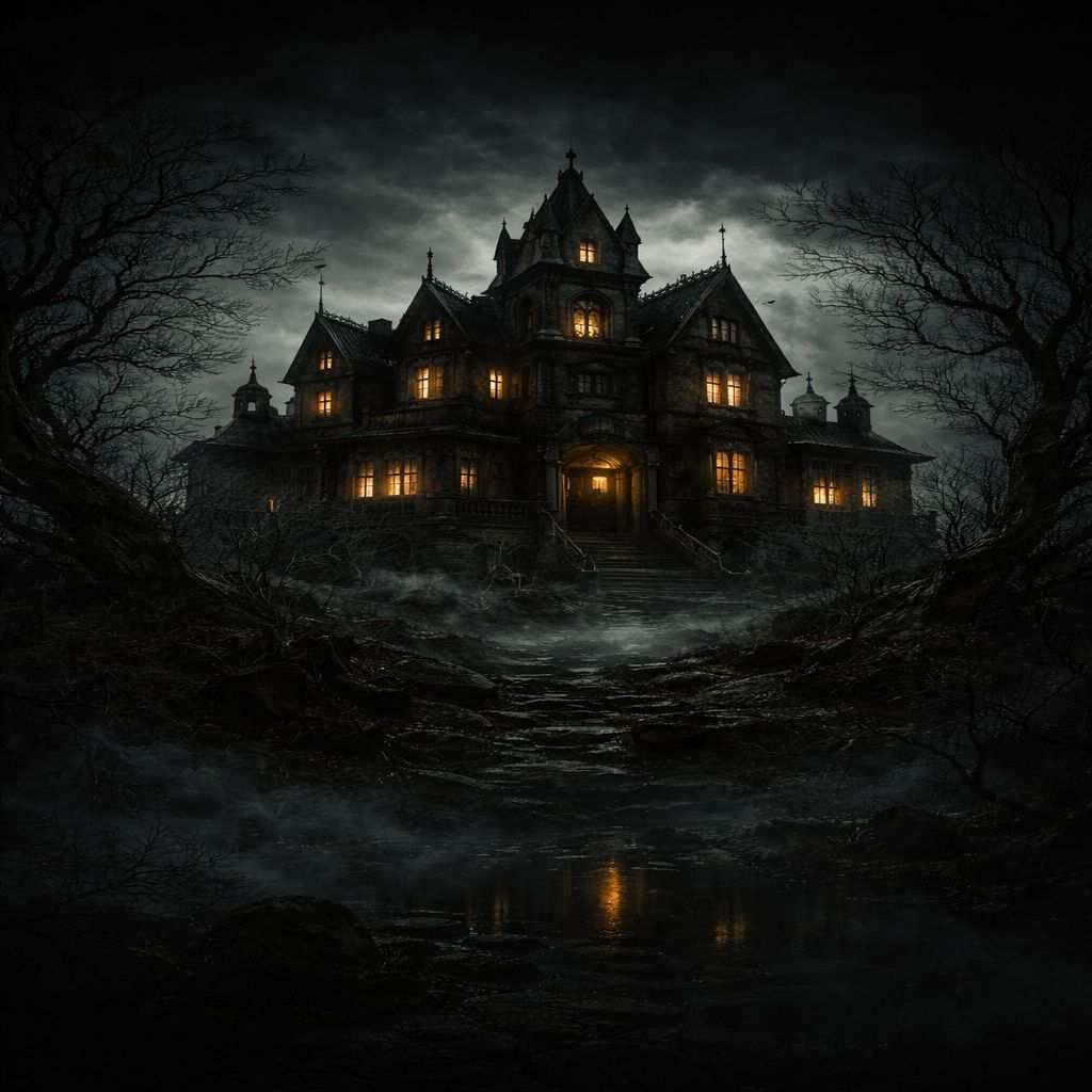 Hotel vechi întunecat noaptea, cu ferestre luminate, questul horror Hotel